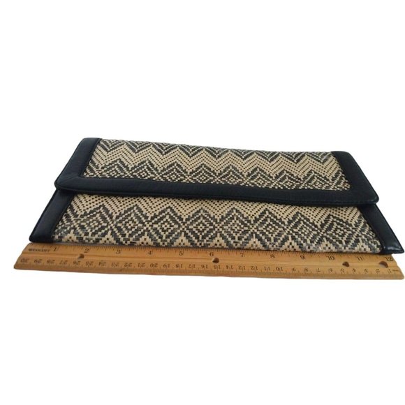 Banana Republic Grass Weave Black Leather Trim Clutch Wallet Envelope Purse 12" - Picture 8 of 12